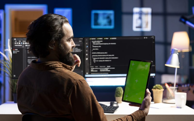 Admin using isolated screen tablet to filter malicious traffic from cybercriminals attempting to corrupt company data. IT expert working on mockup portable device, preventing malware attacks
